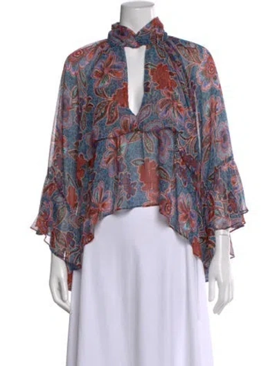 Pre-owned Misa Floral Print Tie Neck Blouse W/ Tags In Red