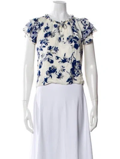 Pre-owned Misa Floral Print Tie Neck Blouse In White