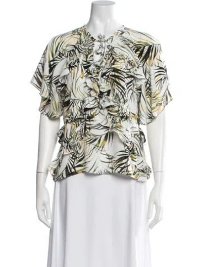Pre-owned Misa Floral Print Tie Neck Blouse In White