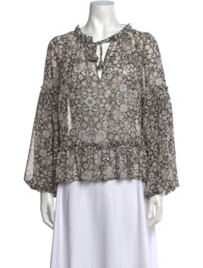 Pre-owned Misa Floral Print Tie Neck Blouse In White