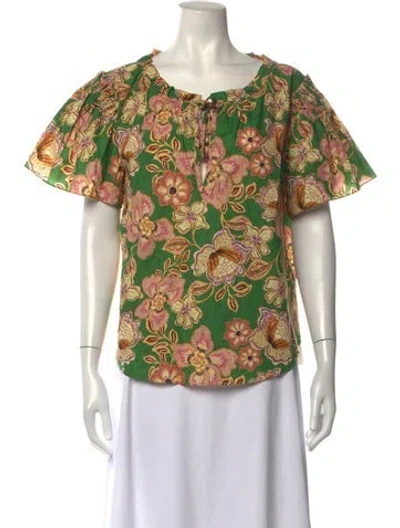 Pre-owned Misa Floral Print Tie Neck Top In Green/pink