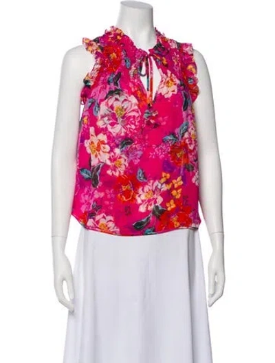 Pre-owned Misa Floral Print Tie Neck Top In Pink