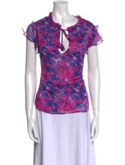Pre-owned Misa Floral Print Tie Neck Top In Purple