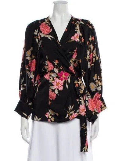 Pre-owned Misa Floral Print V-neck Blouse In Black
