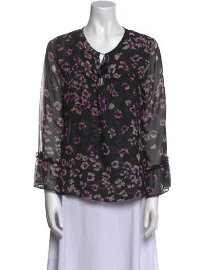 Pre-owned Misa Floral Print V-neck Blouse In Black