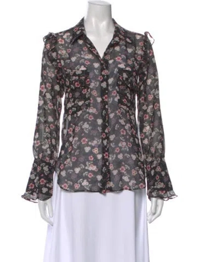 Pre-owned Misa Floral Print V-neck Blouse In Black