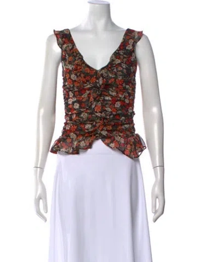 Pre-owned Misa Floral Print V-neck Blouse In Black