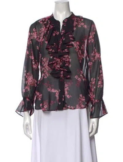 Pre-owned Misa Floral Print V-neck Blouse In Black