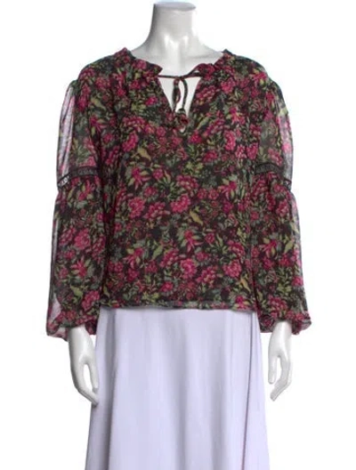 Pre-owned Misa Floral Print V-neck Blouse In Black