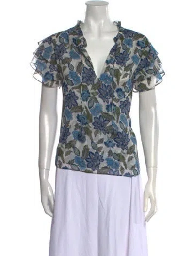 Pre-owned Misa Floral Print V-neck Blouse In Blue