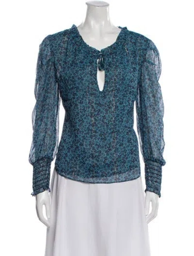 Pre-owned Misa Floral Print V-neck Blouse In Blue