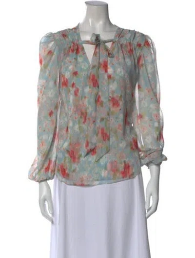Pre-owned Misa Floral Print V-neck Blouse In Blue