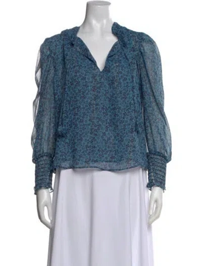 Pre-owned Misa Floral Print V-neck Blouse In Blue