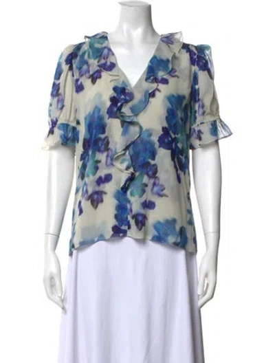 Pre-owned Misa Floral Print V-neck Blouse In Blue