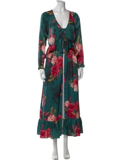 Pre-owned Misa Floral Print V-neck Blouse In Green