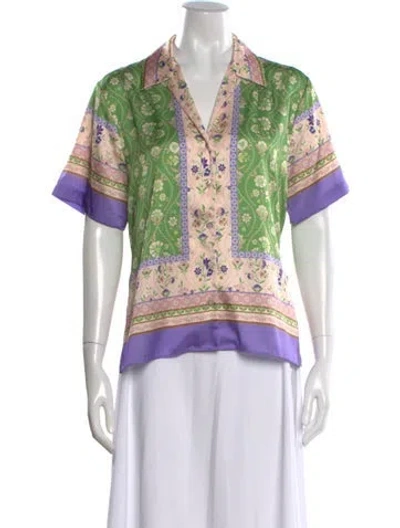 Pre-owned Misa Floral Print V-neck Blouse In Green