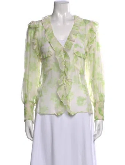 Pre-owned Misa Floral Print V-neck Blouse In Green