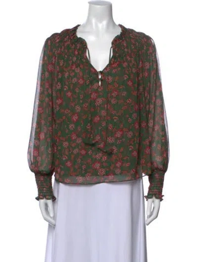 Pre-owned Misa Floral Print V-neck Blouse In Green