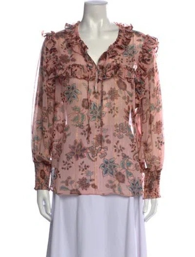 Pre-owned Misa Floral Print V-neck Blouse In Green/pink