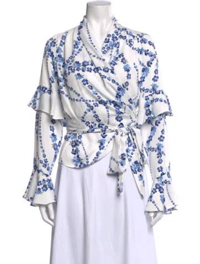 Pre-owned Misa Floral Print V-neck Blouse In Neutrals