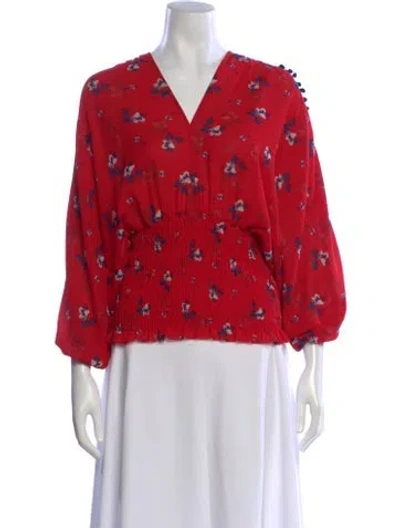 Pre-owned Misa Floral Print V-neck Blouse In Red