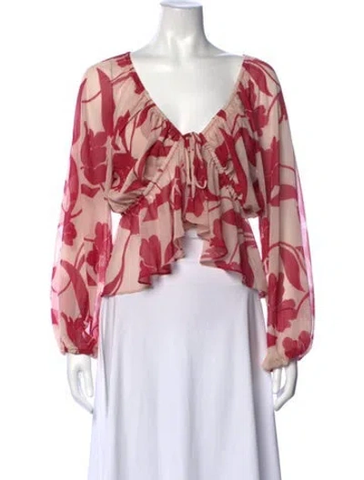 Pre-owned Misa Floral Print V-neck Blouse In Red