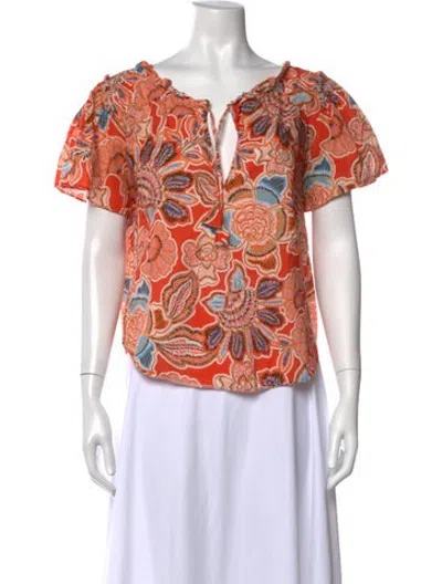 Pre-owned Misa Floral Print V-neck Blouse In Red