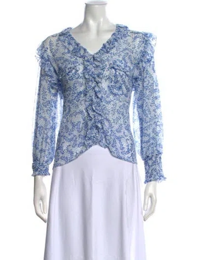 Pre-owned Misa Floral Print V-neck Blouse W/ Tags In Blue