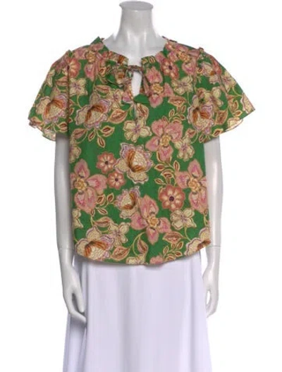 Pre-owned Misa Floral Print V-neck Blouse W/ Tags In Green