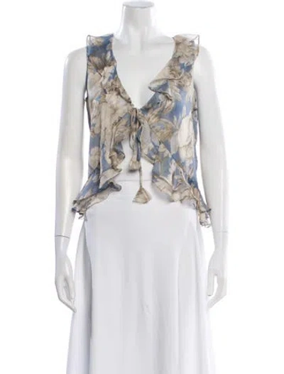 Pre-owned Misa Floral Print V-neck Blouse W/ Tags In White