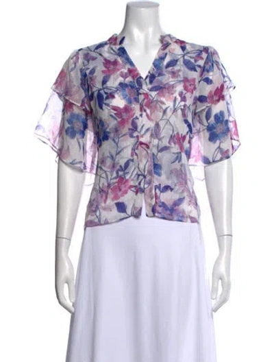 Pre-owned Misa Floral Print V-neck Blouse In White