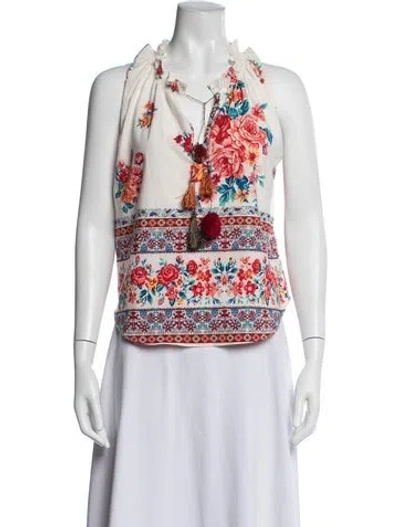 Pre-owned Misa Floral Print V-neck Blouse In White