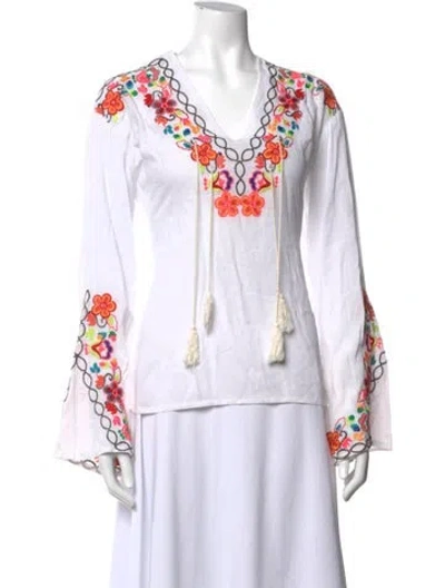 Pre-owned Misa Floral Print V-neck Blouse In White
