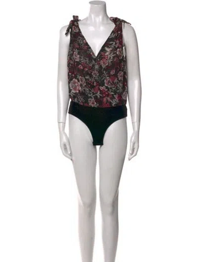 Pre-owned Misa Floral Print V-neck Bodysuit In Black