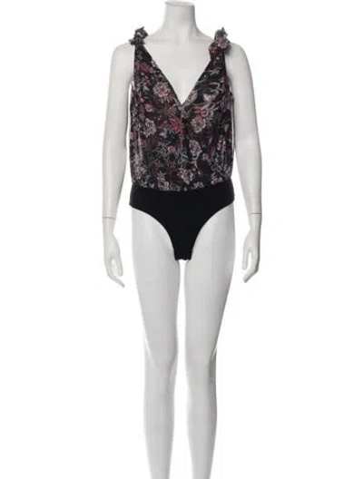 Pre-owned Misa Floral Print V-neck Bodysuit In Black
