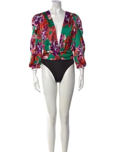 Pre-owned Misa Floral Print V-neck Bodysuit In Green