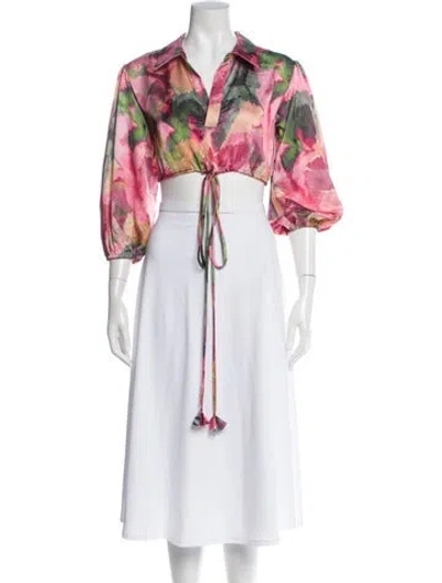 Pre-owned Misa Floral Print V-neck Crop Top W/ Tags In Pink