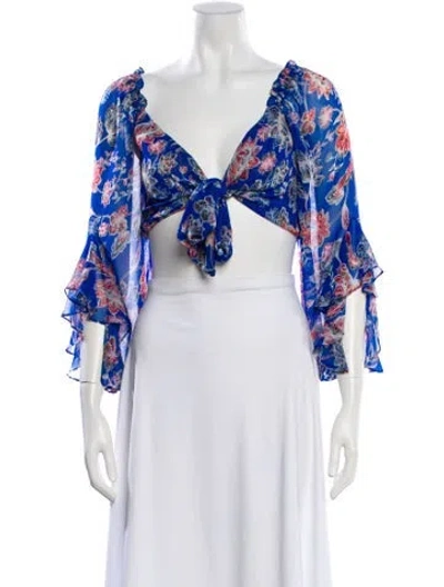 Pre-owned Misa Floral Print V-neck Crop Top In White