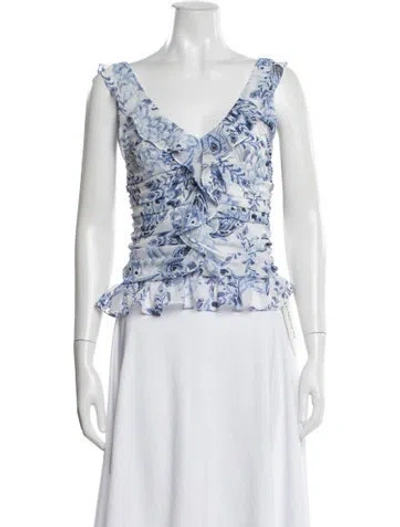 Pre-owned Misa Floral Print V-neck Top In Blue
