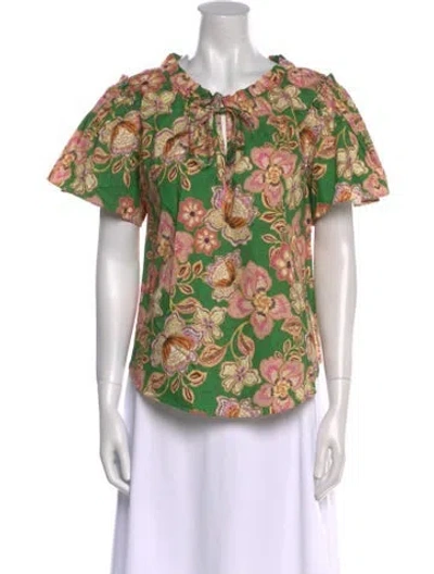 Pre-owned Misa Floral Print V-neck Top W/ Tags In Green