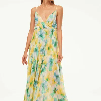 Misa Galeta Tie-back Floral Pleated Midi Dress In Yellow