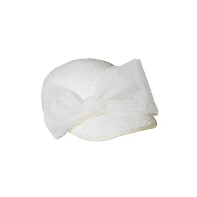 Misa Harada Millinery Women's Judy White Straw Cap With Polka Dot Tulle Bow