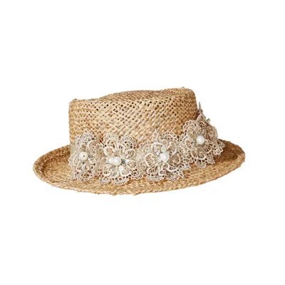 Misa Harada Millinery Women's Neutrals June  Straw Boater With Lace Flowers