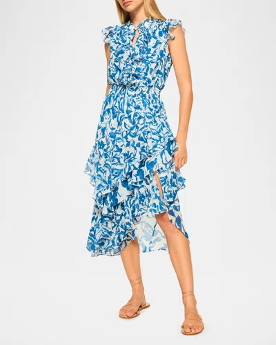 Misa Ilysa Ruffle-trim Midi Dress In Blue Watercolor Mix