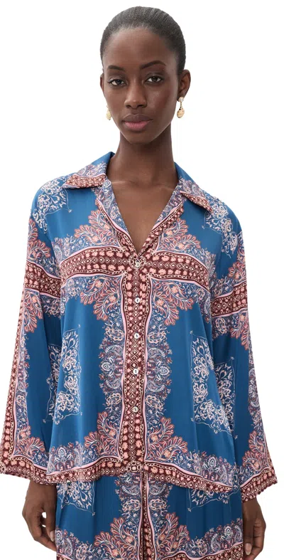 Misa Isme Bandana Button Down Shirt Sapphire Tapis Satin In Blue