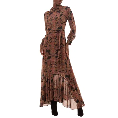 Misa Jill Maxi Dress In Studded Flora Chiffon In Brown