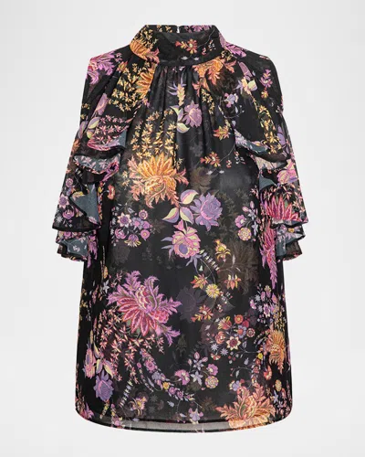 Misa Kyra Floral Chiffon Top In Black