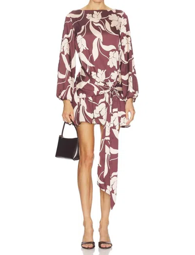 Misa Larissa Long Sleeve Mini Dress In Chocolate Flora In Burgundy