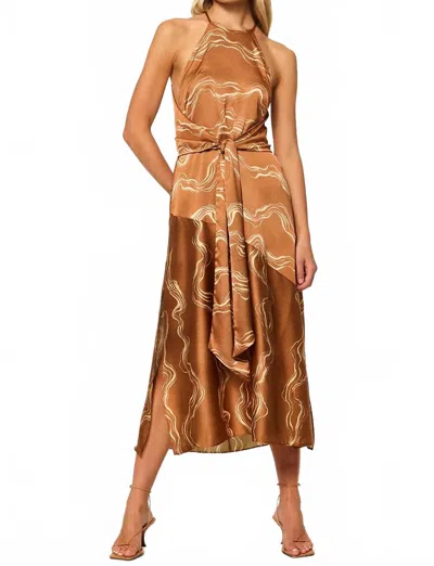 Misa Lisa Halter Neck Midi Dress In Linear Wave In Brown