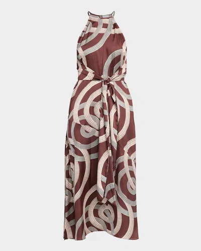 Misa Lisa Swirl-print Satin Midi Dress In Chocolate